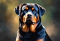 AI generated illustration of a close-up portrait of a Rottweiler dog, painted in oil on canvas