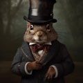 squirrel standing in an upright position wearing a black coat and a top hat Royalty Free Stock Photo