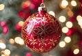 AI generated illustration of a close-up of red bauble ornament on Christmas tree Royalty Free Stock Photo