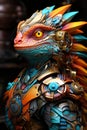AI generated illustration of a close-up of a robotic metal dragon figurine with colorful feathers