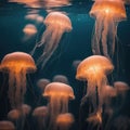 AI generated illustration of A close-up shot of a colorful jellyfish