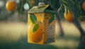 AI generated illustration of A close-up shot of an orange juice carton hanging from a tree