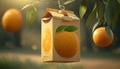AI generated illustration of A close-up shot of an orange juice carton hanging from a tree