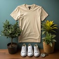 a white shirt and two pairs of white shoes on a wooden table