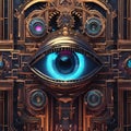 AI generated illustration of a sinister-looking eye with a complex arrangement of gears behind it Royalty Free Stock Photo