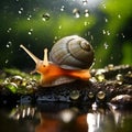 AI generated illustration of a close-up of a snail walking on a bed of moss Royalty Free Stock Photo