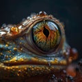 AI generated illustration of a close-up of the vibrant eye of a frog glistening with water droplets Royalty Free Stock Photo