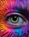AI generated illustration of a closeup of a blue and hazel eye of a person with colorful spiky skin