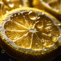 AI generated illustration of a closeup of freshly sliced yellow lemons with droplets