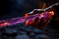 AI generated illustration of a closeup of a glowing wand in the hand of a wizard in the dark