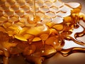 AI generated illustration of a closeup of a golden honeycomb piece on a wooden table