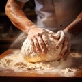 AI generated illustration of a closeup of the hands of a baker kneading dough on a wooden table Royalty Free Stock Photo