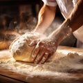 AI generated illustration of a closeup of the hands of a baker kneading dough on a wooden table