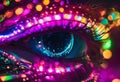 AI generated illustration of a closeup of a human eye in bright neon colors Royalty Free Stock Photo