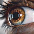 AI generated illustration of a closeup of a human eye with a dark brown iris