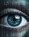 AI generated illustration of a closeup of a human eye with numerical symbols in the foreground Royalty Free Stock Photo