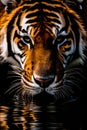 AI generated illustration of a closeup of a majestic Bengal Tiger drinking from the pond water