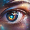AI generated illustration of a closeup of a person's eye with a glowing iris