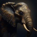 AI generated illustration of a closeup portrait of an elephant in intricate golden ornaments