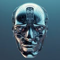 AI generated illustration of a closeup portrait of a robotic face on a gray background