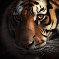 AI generated illustration of a closeup portrait of a tiger with intense, round eye