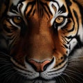 AI generated illustration of a closeup portrait of a tiger with intense, round eyes