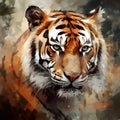 AI generated illustration of a closeup portrait of a tiger with intense, round eyes in watercolor