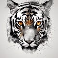 AI generated illustration of a closeup portrait of a tiger with intense, round eyes in watercolor