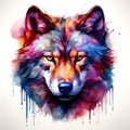 AI generated illustration of a closeup portrait of a wolf in vibrant watercolor