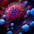 AI generated illustration of a vibrant closeup of a virus being under a microscope