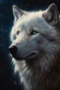 AI-generated illustration of a closeup of a white wolf against a starry sky background. Royalty Free Stock Photo