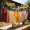 A clothesline displaying a variety of articles of clothing hung up to dry in the natural sunlight