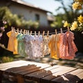 A clothesline displaying a variety of articles of clothing hung up to dry in the natural sunlight