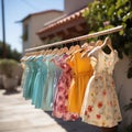 A clothesline displaying a variety of articles of clothing hung up to dry in the natural sunlight