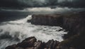 AI generated illustration of cloudy sky over ocean with waves crashing on a rocky shoreline Royalty Free Stock Photo