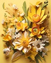 AI generated illustration of cluster of flowers surrounded by lush green foliage, on yellow backdrop