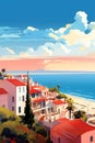 AI generated illustration of a coastal landscape painting of a beach with colorful buildings