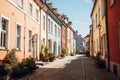 AI-generated illustration of a cobblestone street with colorful buildings in a European city Royalty Free Stock Photo