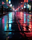 AI generated illustration of a cobblestone street reflecting city lights on a rainy evening