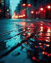 AI generated illustration of a cobblestone street reflecting city lights on a rainy evening