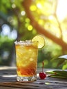 cocktail sitting on a wooden table with lemon wedge and cherries Royalty Free Stock Photo