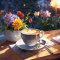 AI generated illustration of a coffee cup and a bouquet of fresh flowers near on the table Royalty Free Stock Photo