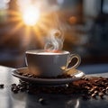AI generated illustration of a coffee cup on a wooden table, with freshly roasted coffee beans Royalty Free Stock Photo