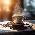 AI generated illustration of a coffee cup on a wooden table, with freshly roasted coffee beans Royalty Free Stock Photo