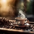 AI generated illustration of a coffee cup on a wooden table, with freshly roasted coffee beans Royalty Free Stock Photo