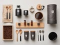 AI generated illustration of coffee products arranged in a flat lay position next to a mug, spoons,