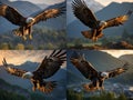 AI generated illustration of a collage of an eagle above a green landscape