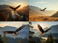 AI generated illustration of a collage of an eagle above a green landscape