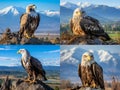 AI generated illustration of a collage of an eagle above a green landscape