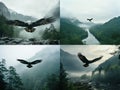 AI generated illustration of a collage of an eagle above a green landscape